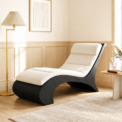 Sculptural Upholstered Chaise Lounge With Curved Frame, Cream Cushion, Reading Nook