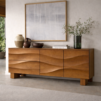 Solid Wood Wave Front Console Cabinet – Modern Sculpted Storage Sideboard