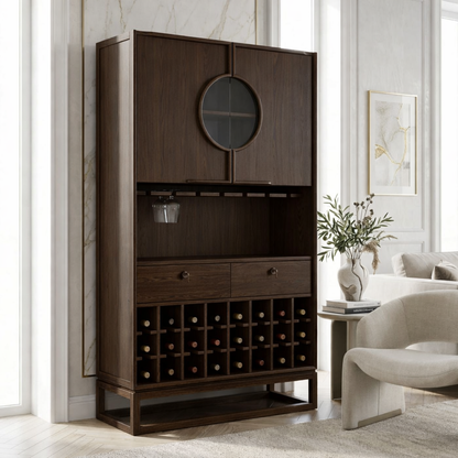Contemporary Wooden Bar Cabinet, Sophisticated Wine Storage Hutch with Circular Doors