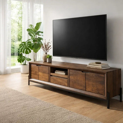 Solid Wood TV Cabinet – Modern Walnut Media Console with Storage Kitchnce