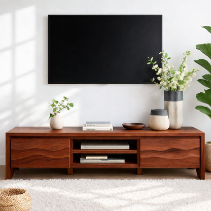 Modern Wave Front Wood TV Stand Long Media Console With Storage and Open Shelf Kitchnce
