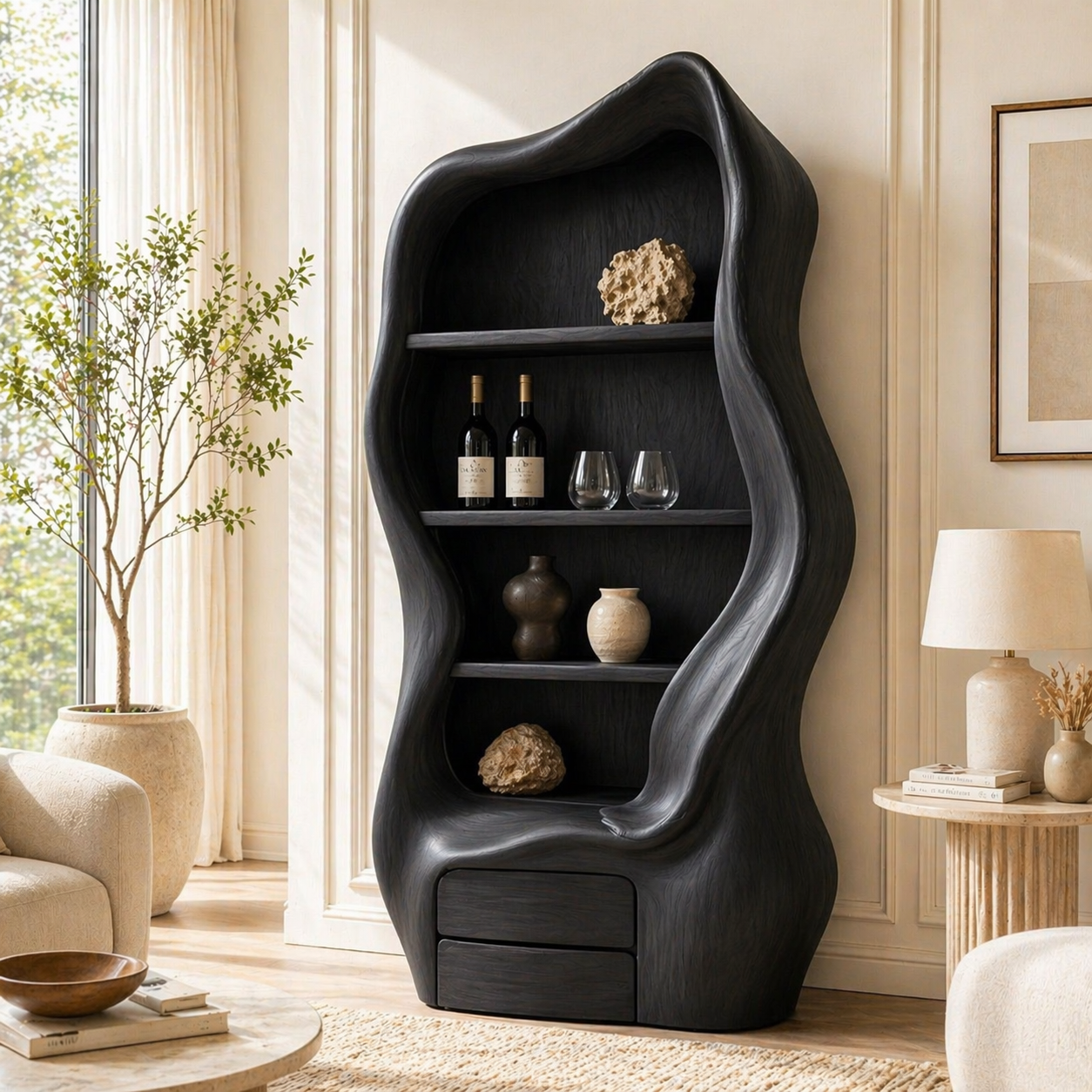 Sculptural Tall Wine Cabinet Organic Bar Storage Display Shelves Statement Furniture