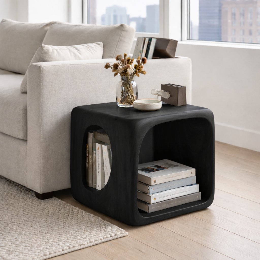 Solid Wood Cube End Table with Storage Shelf – Modern Wooden Side Table Kitchnce
