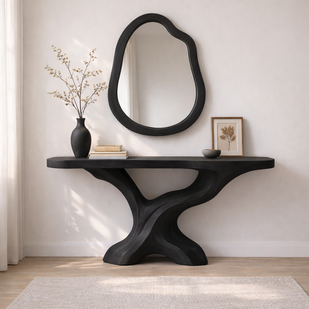 Sculptural Solid Wood Console Table, Organic Tree Base Entryway Table