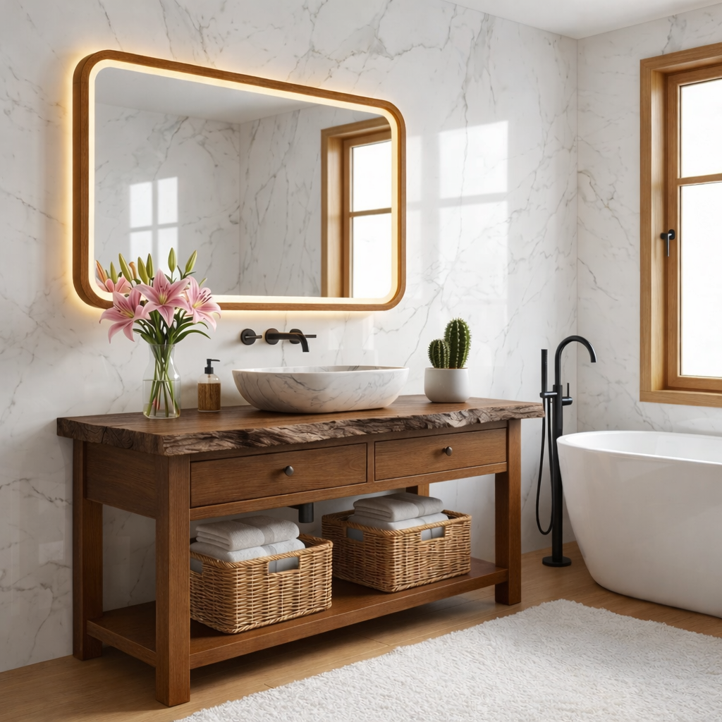 Modern Wooden Bathroom Vanity with Marble Sink and LED Mirror Kitchnce