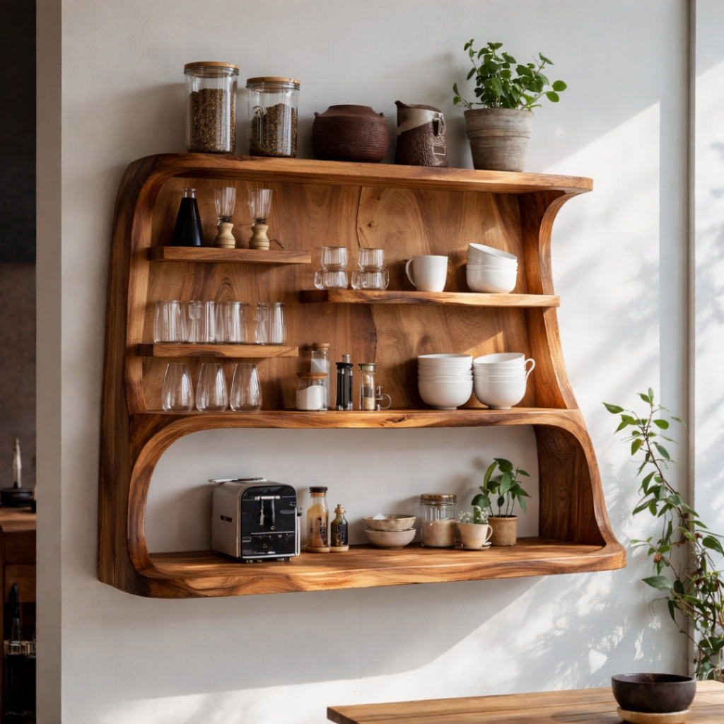 Solid Wood Floating Kitchen Cabinet with Open Shelves | Modern Storage Display