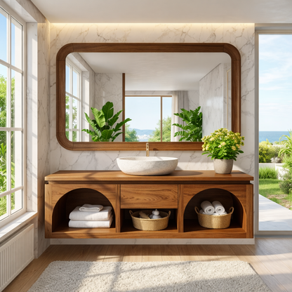 Modern Solid Wood Floating Vanity with Arched Shelves and Natural Finish Kitchnce