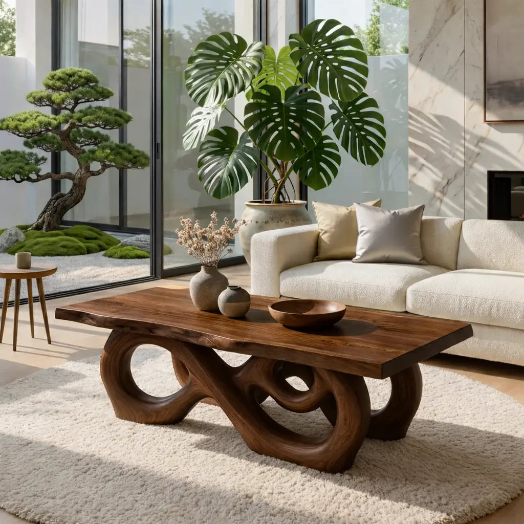 Sculptural Solid Wood Coffee Table with Artistic Carved Base, Modern Living Room Table Kitchnce