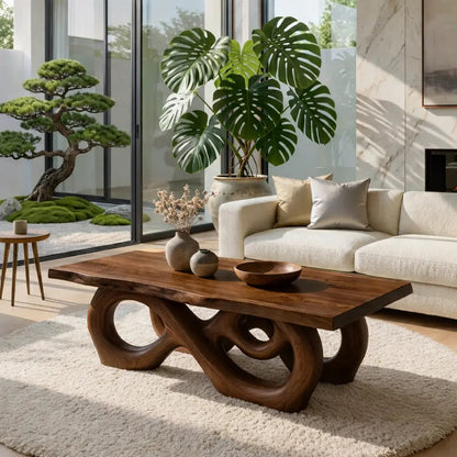 Sculptural Solid Wood Coffee Table with Artistic Carved Base, Modern Living Room Table Kitchnce