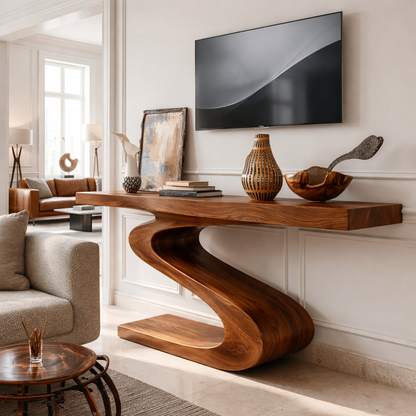 Solid Wood Console Table with Sculpted Curved Base, Modern Artistic Design