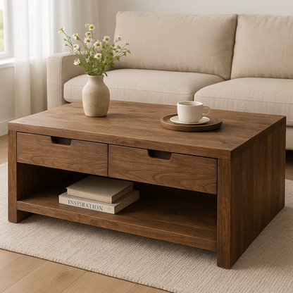 Solid Wood Coffee Table with Drawers and Open Shelf Rustic Living Room Table