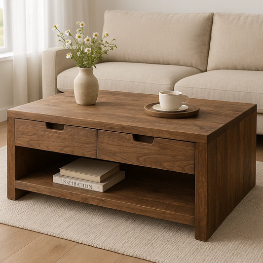 Solid Wood Coffee Table with Drawers and Open Shelf Rustic Living Room Table