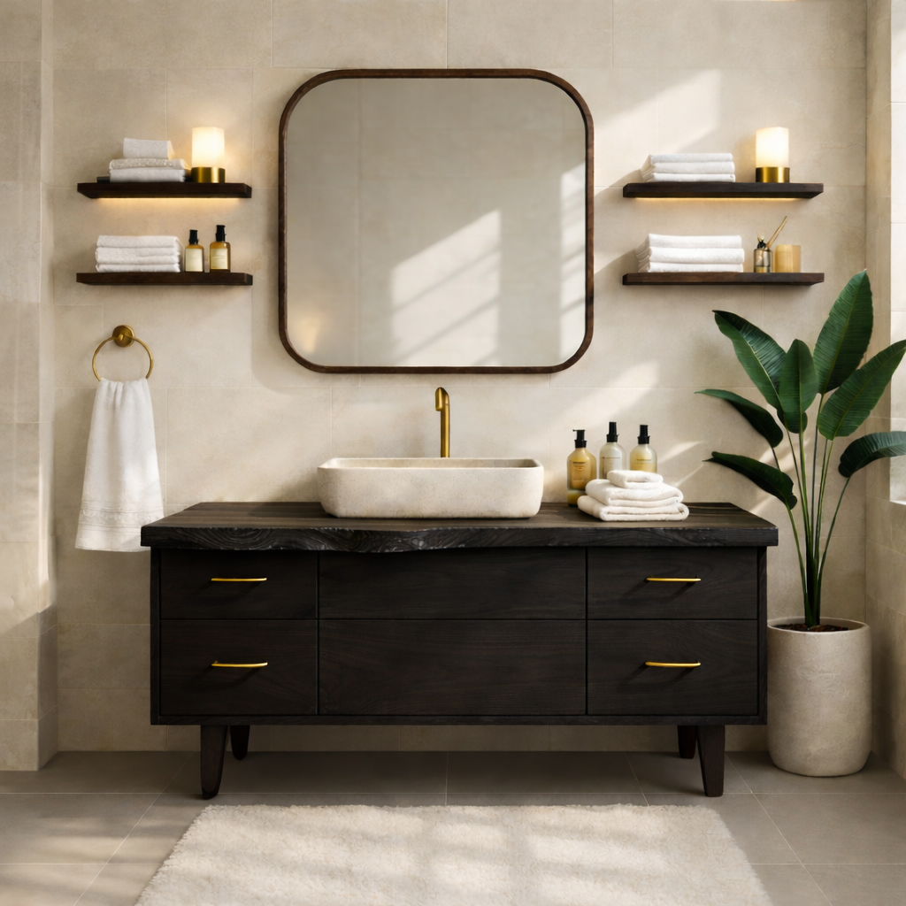 Modern Solid Wood Bathroom Vanity Cabinet With Drawers Mid-Century Style Kitchnce