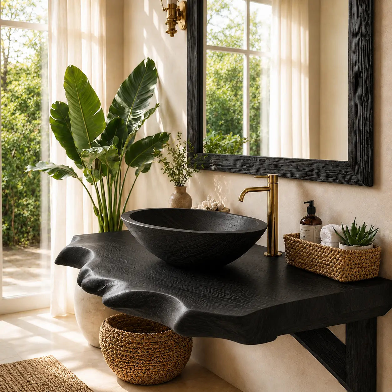 Spalted Live Edge Vanity Shelf | Tiered Solid Wood Floating Bathroom Counter Kitchnce