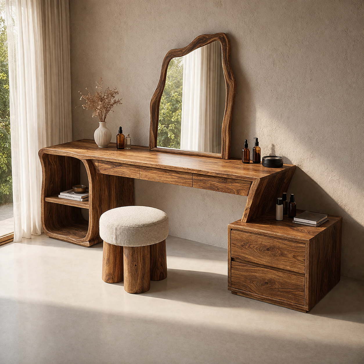 Solid Wood Makeup Vanity with Sculptural Mirror and Storage – Modern Design