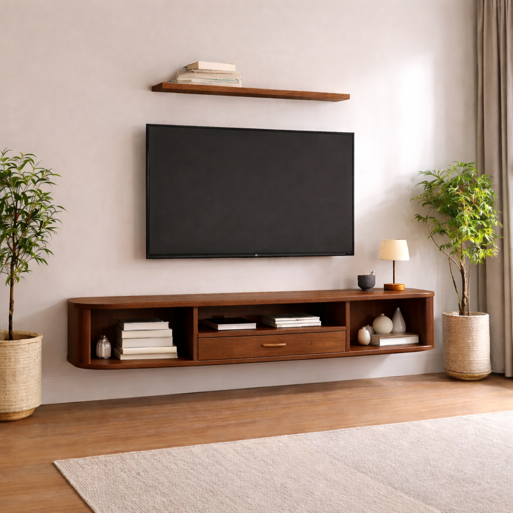 Floating Solid Wood TV Stand with Drawer and Open Shelves – Wall Mounted Media Console Kitchnce