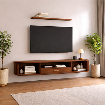 Floating Solid Wood TV Stand with Drawer and Open Shelves – Wall Mounted Media Console Kitchnce