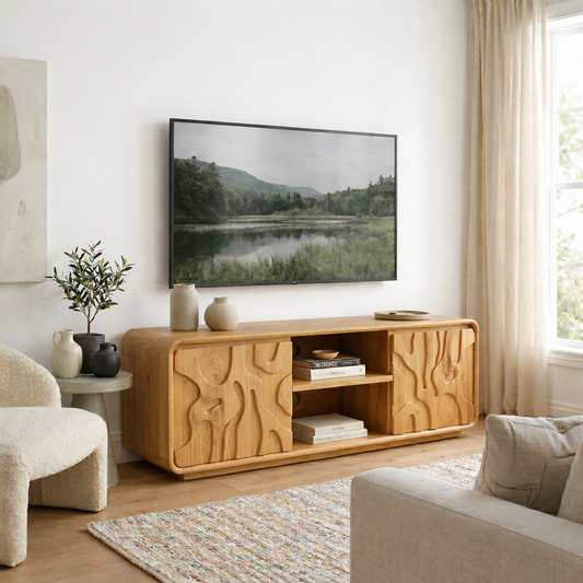Solid Wood Media Console with Carved Doors, Modern TV Stand with Open Storage