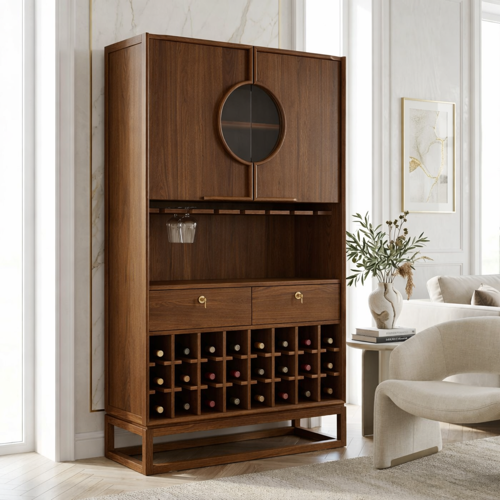 Contemporary Wooden Bar Cabinet, Sophisticated Wine Storage Hutch with Circular Doors