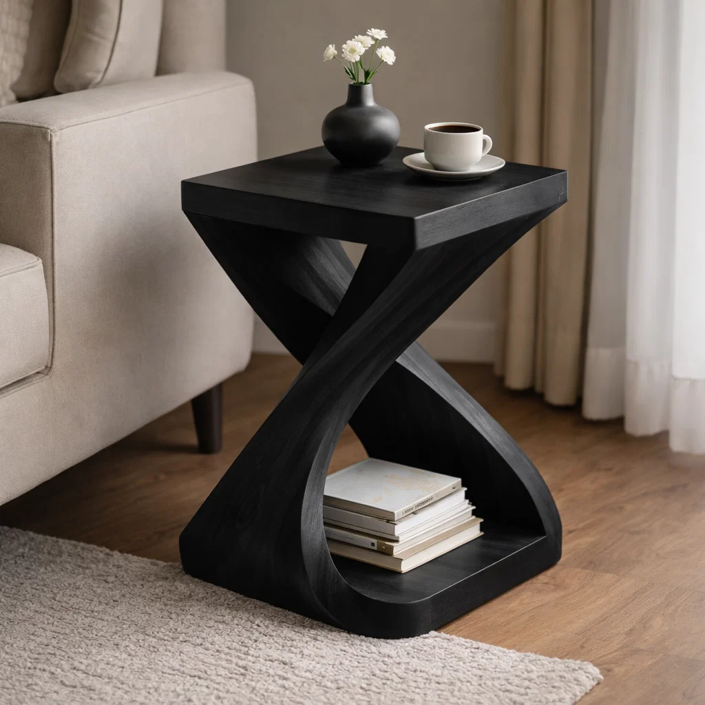 Sculptural Solid Wood End Table with Curved Base and Shelf – Modern Side Table