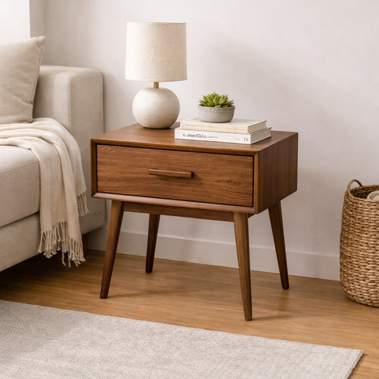 Solid Wood End Table with Drawer – Mid Century Modern Walnut Nightstand Side Table Kitchnce