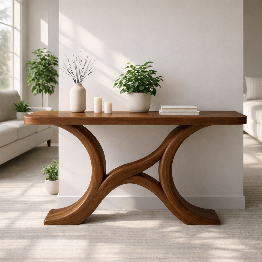 Modern Solid Wood Console Table, Sculptural Curved Base Entryway Hallway Statement Furniture Kitchnce