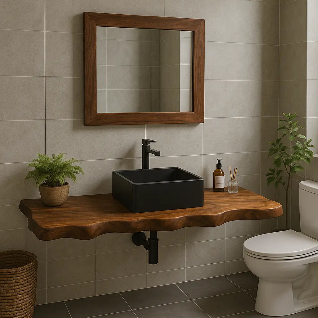 Handcrafted Solid Wood Floating Vanity with Organic Sculpted Live Edge Detailing Kitchnce