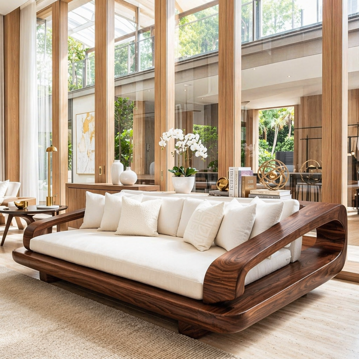 Luxury Wooden Platform Sofa, Minimalist Lounge Couch with Oversized White Cushions