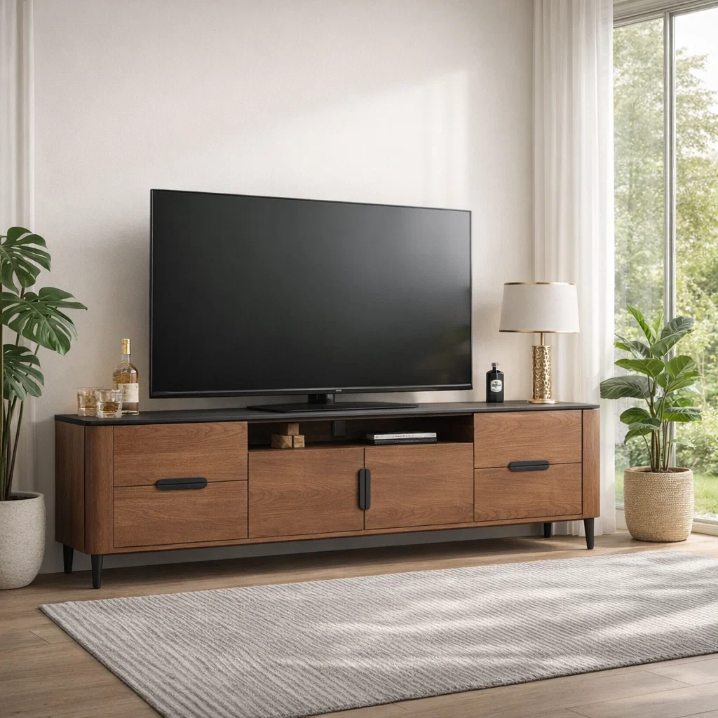 Modern Solid Wood TV Console with Drawers & Cabinets – Media Storage Stand