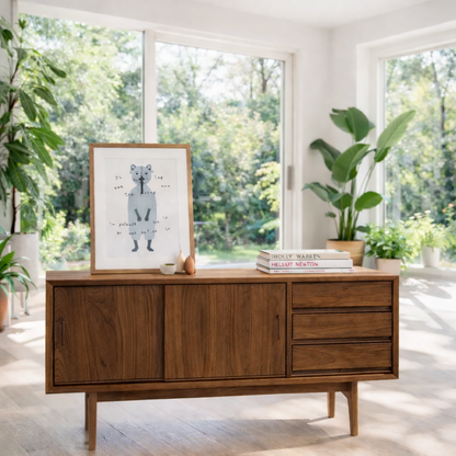 Mid Century Sideboard Cabinet with Drawers and Sliding Doors
