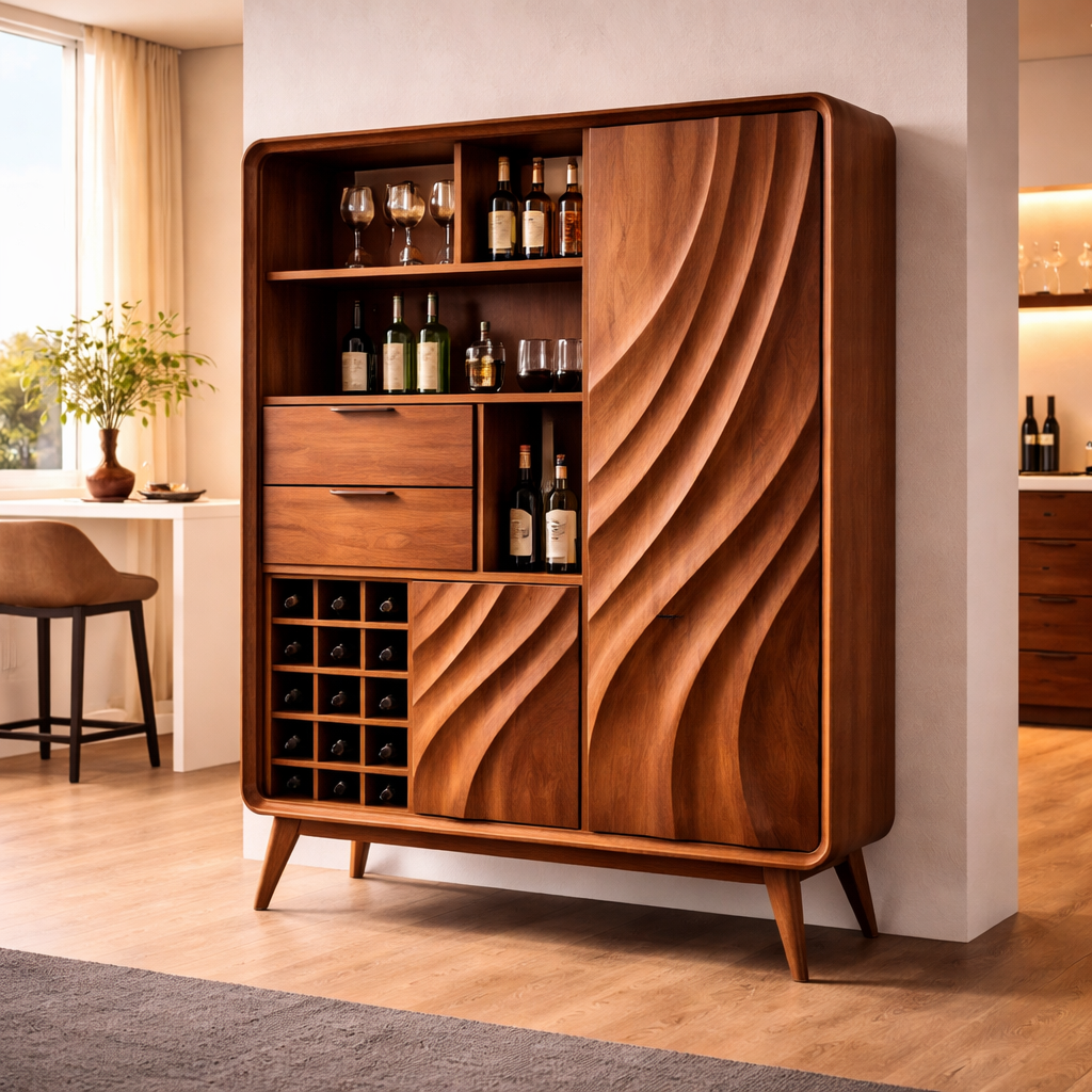 Solid Walnut Bar Cabinet with Wine Storage and Sculpted Wave Doors