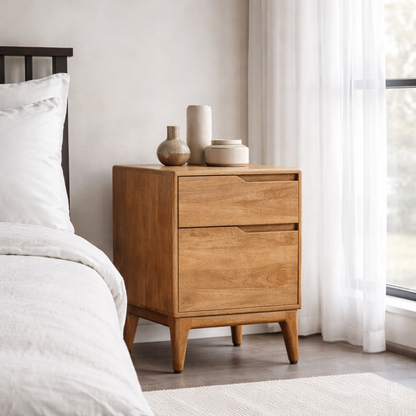 Solid Wood Nightstand with 2 Drawers – Scandinavian Bedside Table