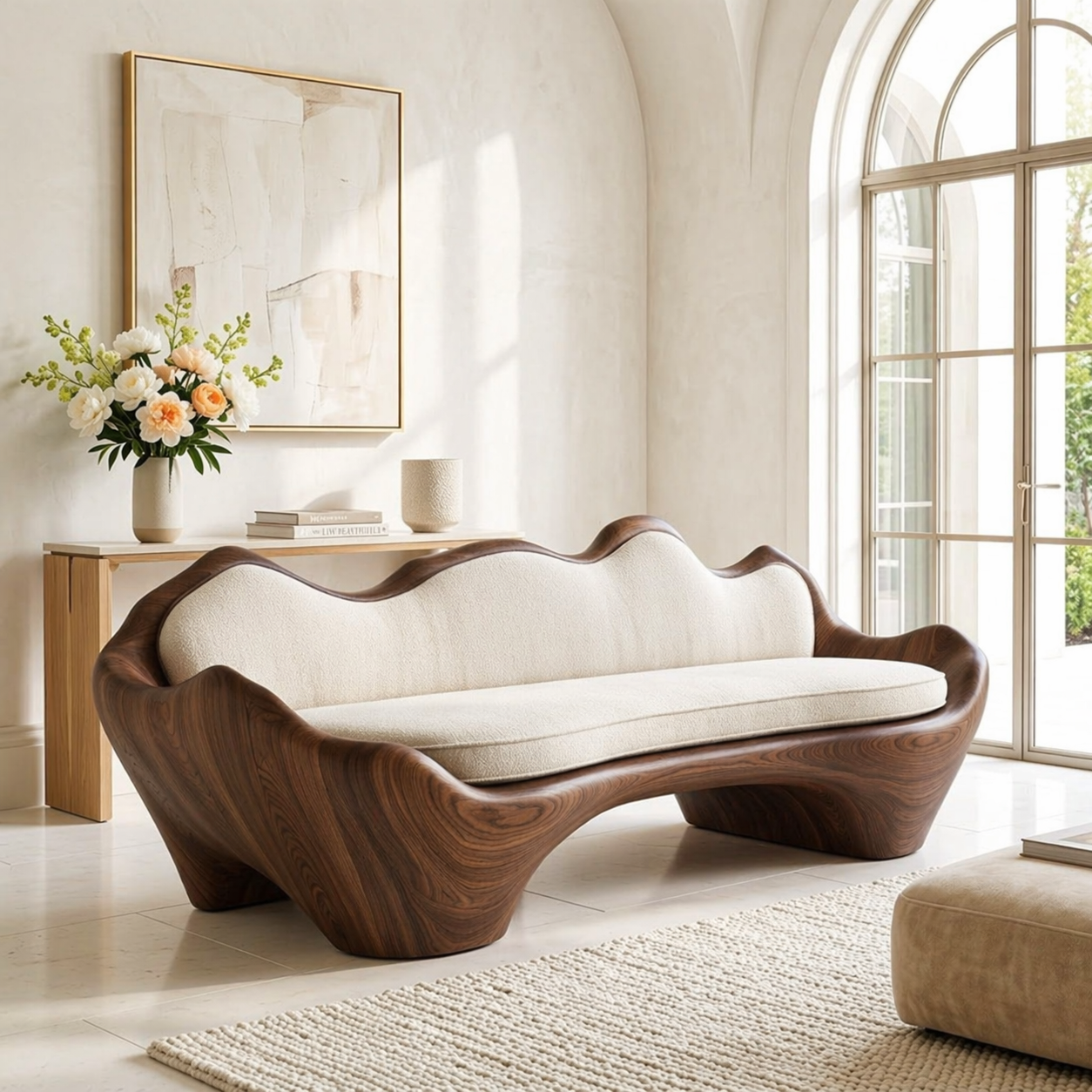 Sculptural Curved Upholstered Sofa, Luxury Statement Seating for Elegant Interiors