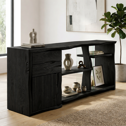 Live Edge Solid Wood Console Cabinet - Modern Rustic Sideboard with Glass Shelving