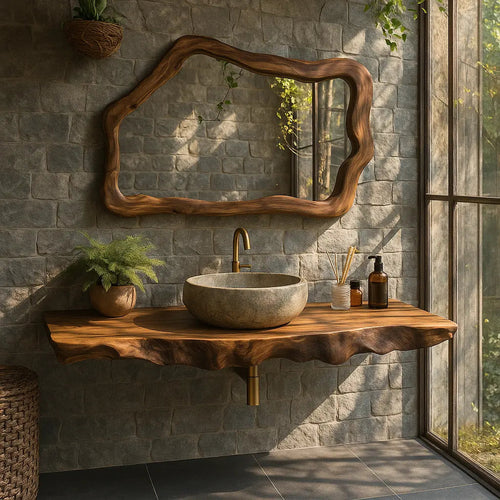 Handcrafted Solid Wood Floating Vanity with Natural Wave Edge for Organic Modern Bathrooms Kitchnce