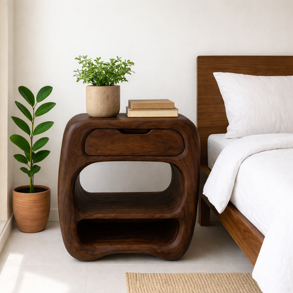 Curved Solid Wood Nightstand with Drawer and Open Shelves - Natural Finish Kitchnce