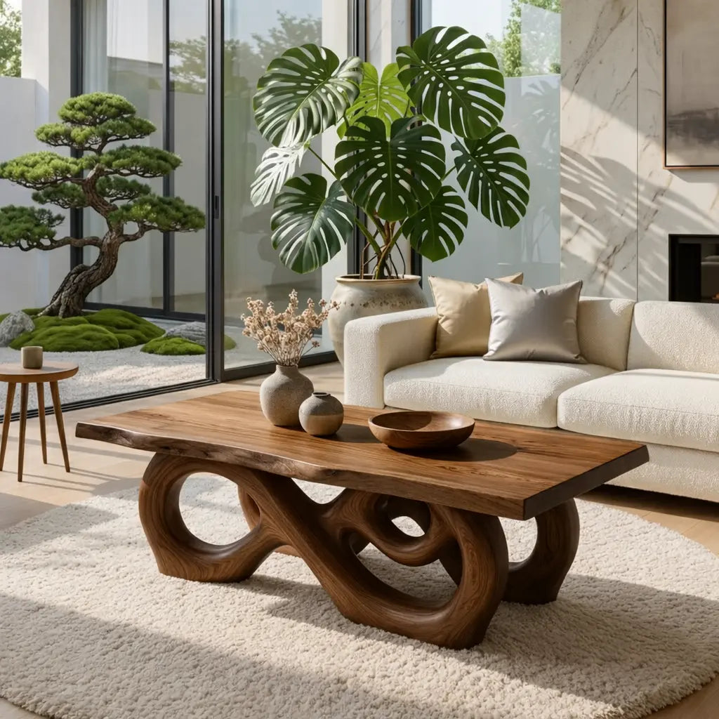 Sculptural Solid Wood Coffee Table with Artistic Carved Base, Modern Living Room Table Kitchnce