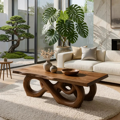 Sculptural Solid Wood Coffee Table with Artistic Carved Base, Modern Living Room Table Kitchnce