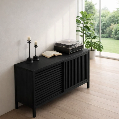 Slatted Sliding Door Sideboard Cabinet – Modern Minimalist Storage Console