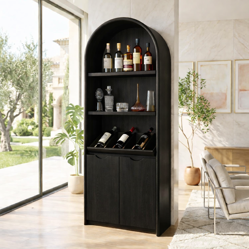 Contemporary Arched Wine Cabinet with Display Shelves and Hidden Storage Doors