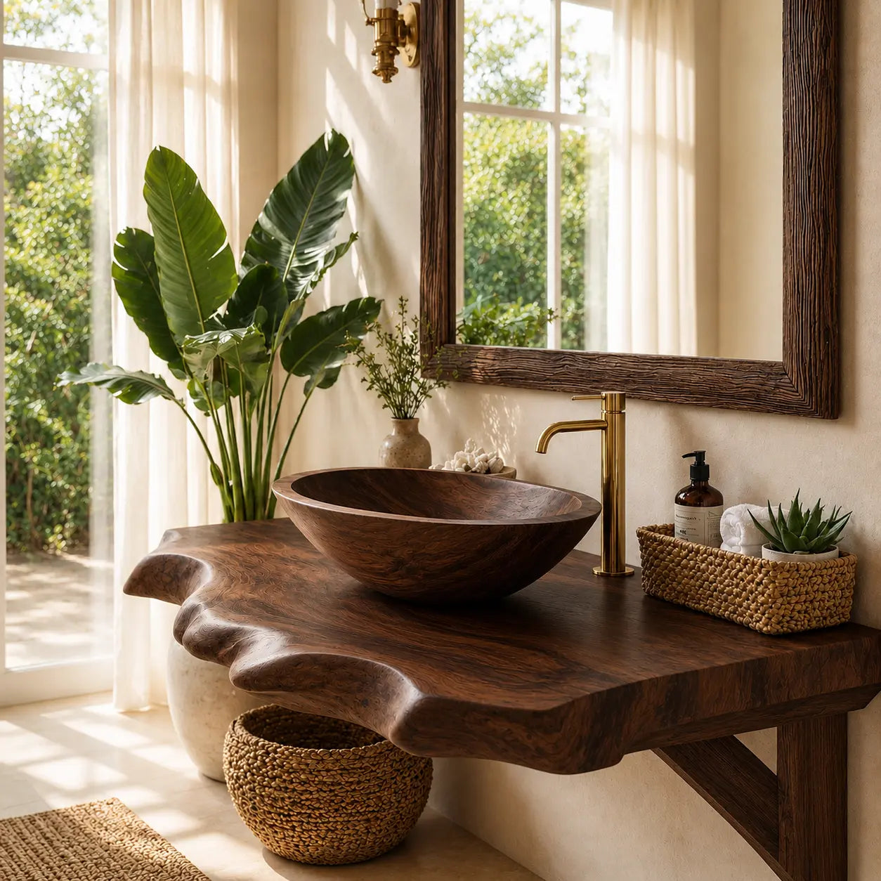 Spalted Live Edge Vanity Shelf | Tiered Solid Wood Floating Bathroom Counter Kitchnce