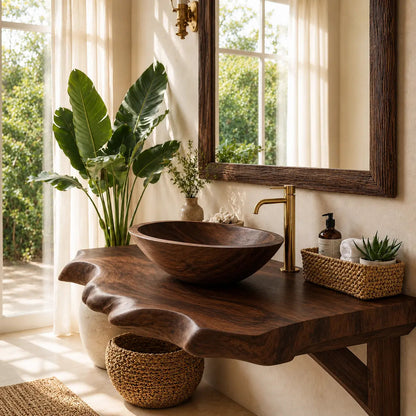 Spalted Live Edge Vanity Shelf | Tiered Solid Wood Floating Bathroom Counter Kitchnce
