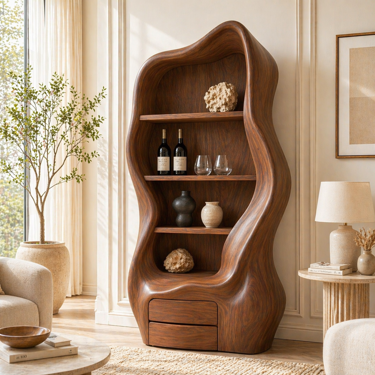 Sculptural Tall Wine Cabinet Organic Bar Storage Display Shelves Statement Furniture