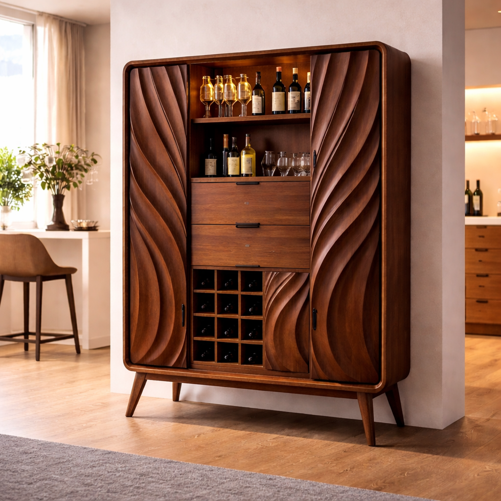 Modern Solid Wood Bar Cabinet with Sculpted Wave Doors and Wine Storage