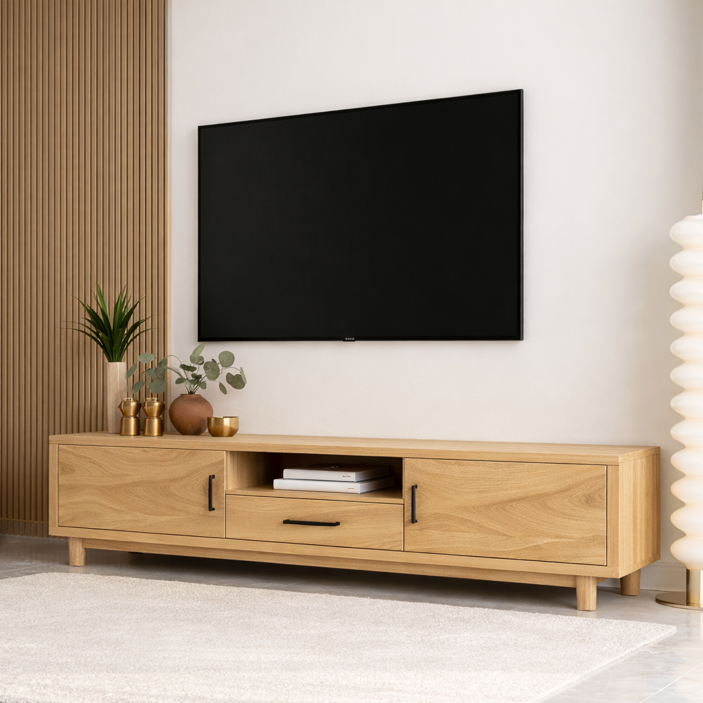Mid Century Solid Wood TV Stand Wave Front Media Console Modern Entertainment Cabinet Kitchnce