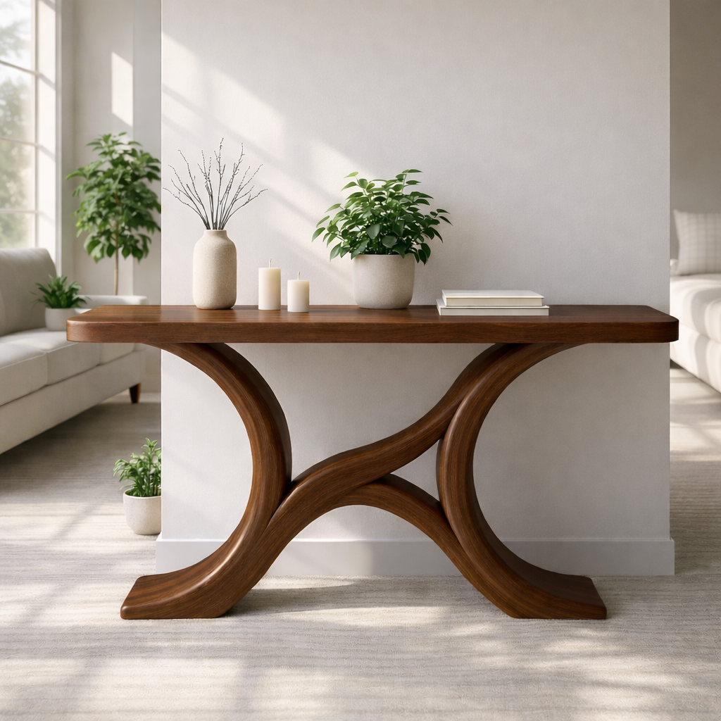 Modern Solid Wood Console Table, Sculptural Curved Base Entryway Hallway Statement Furniture Kitchnce