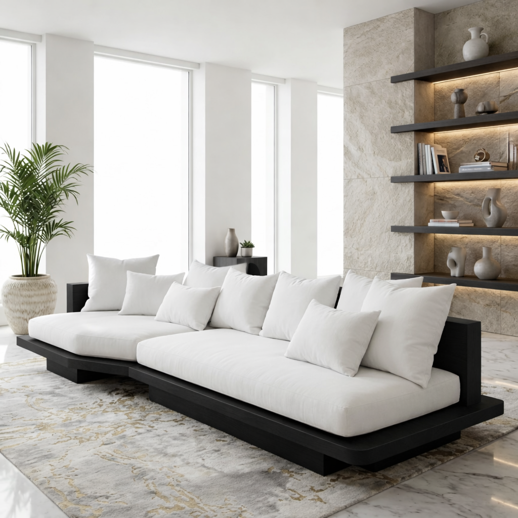 Modern Solid Wood Sofa with White Fabric Cushions Luxury Japandi Living Room Couch