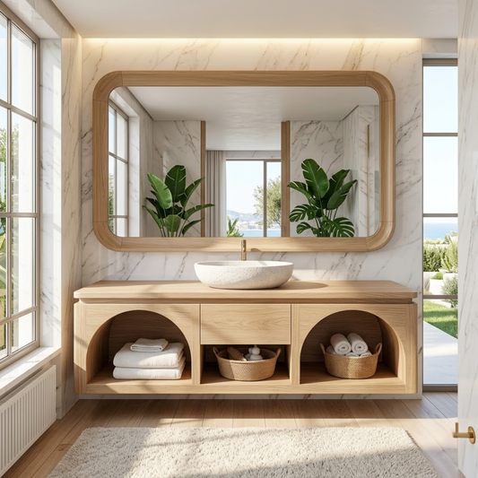 Modern Solid Wood Floating Vanity with Arched Shelves and Natural Finish Kitchnce