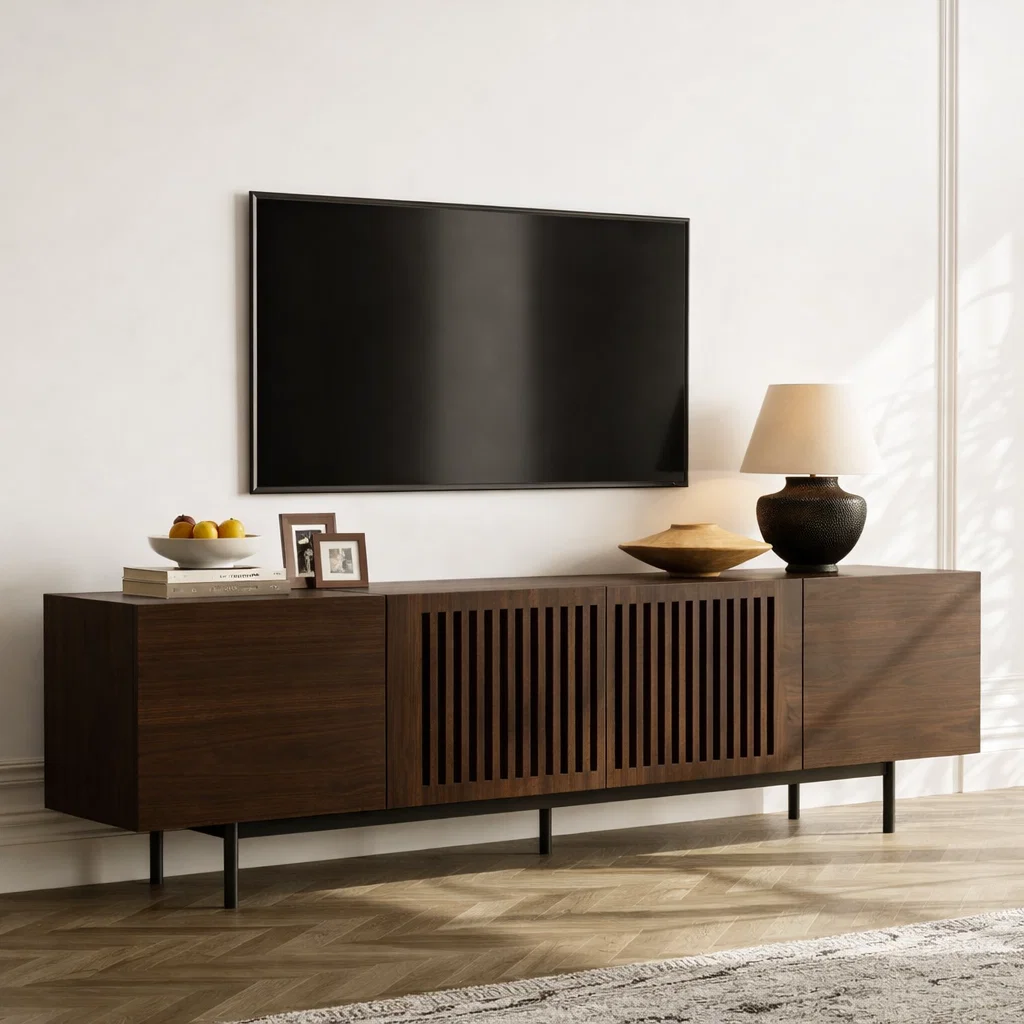 Solid Wood Media Console with Slatted Doors – Modern TV Stand Cabinet