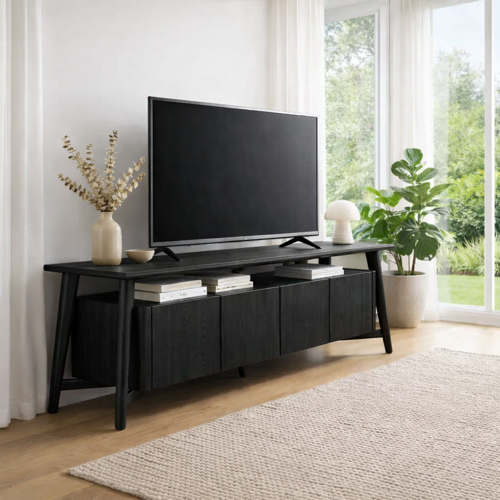 Mid Century Solid Wood TV Console with Cabinets & Open Storage Shelf